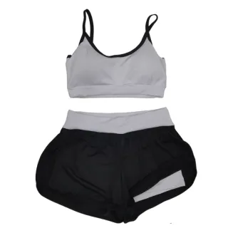 Conjunto Fitness Corrida Top com Bojo e Short Duplo - Roupa de Academia - PRETO COM BRANCO