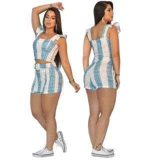 Conjunto Listrado Feminino com Croped, Short Saia e Cinto Fake - C.S.A Listrado Vermelho