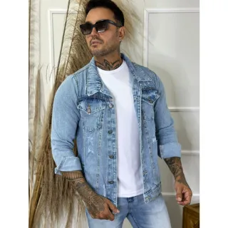 Estilo Rasgada: Jaqueta Masculina Destroyer Azul Jeans - Verde Militar