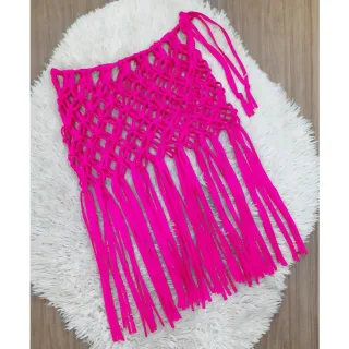 Conjuntos para biquini: saia em macramê e saída de praia em malha - Rosa neon