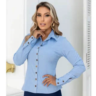 Moda Social Feminina: Blusa Manga Longa Jeans em Tons Exclusivos - Tom Claro