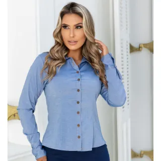 Moda Social Feminina: Blusa Manga Longa Jeans em Tons Exclusivos - Tom Claro