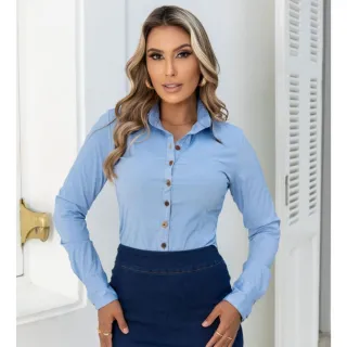Moda Social Feminina: Blusa Manga Longa Jeans em Tons Exclusivos - Tom Claro