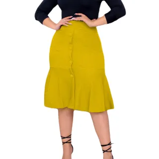 Moda Evangélica Saia Crepe Premium Babado 4 Botões Bolso - Marsala