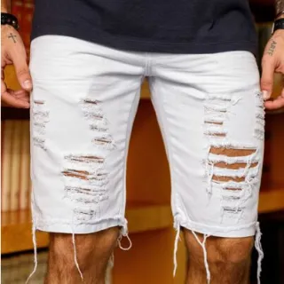 Outlet de fábrica - Shorts masculinos Jeans rasgados Estilo fashion masculino em promoção - Branco