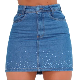 Saia jeans cintura alta clara com brilho de strass