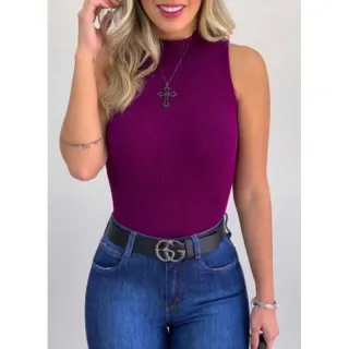 Regata feminina tricô gola alta canelada - Tendência moda blogueira - Branca