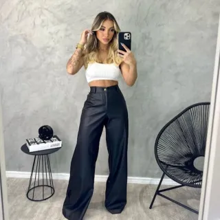 Feminina Preta Wide Leg Couro Calça - P