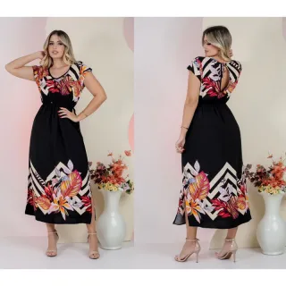 Moda Evangélica Vestido Estampado Manga Curta Viscose Fenda Lateral - estampa 15