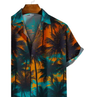 Camisa Tropical Azul e Laranja com Palmeiras de Botão - M