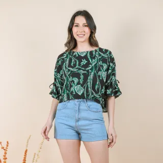 Cropped feminino estampado em crepe setinado com flores - Branco