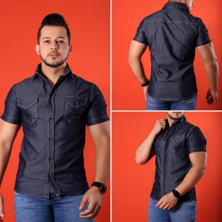 Slim Fit Manga Curta Camisa Jeans Masculina - Azul Claro