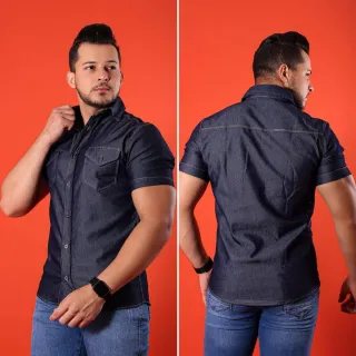 Slim Fit Manga Curta Camisa Jeans Masculina - Azul Claro