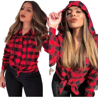 Blusa Xadrez Flanelada Feminina com Touca e Capuz - Pink