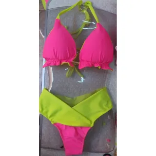 Biquíni Beach Gloss Metalizado - Cortininha e Calcinha Efeito Lipo - Rosa néon com amarelo néon