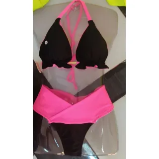 Biquíni Beach Gloss Metalizado - Cortininha e Calcinha Efeito Lipo - Rosa néon com amarelo néon