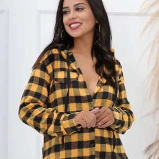 Camisa Flanelada Xadrez Feminina com Toca - Amarelo - Preto
