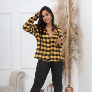 Camisa Flanelada Xadrez Feminina com Toca - Amarelo - Preto