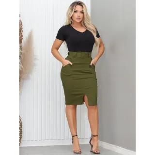 Saia Secretária Londres Midi com Cinto - Moda Evangélica - Preto