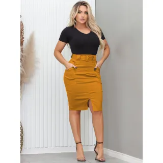 Saia Secretária Londres Midi com Cinto - Moda Evangélica - Preto