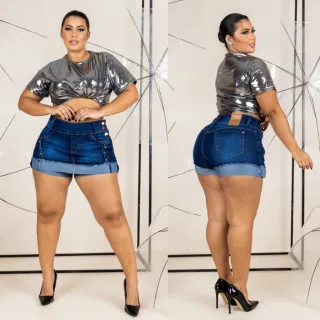 Saia Jeans Plus Size Feminino Curto Com Lycra - Azul marinho c/ botões