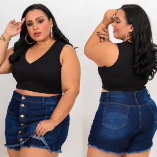Saia Jeans Plus Size Feminino Curto Com Lycra - Azul marinho c/ botões