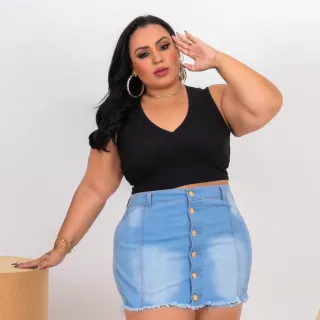 Saia Jeans Plus Size Feminino Curto Com Lycra - Azul marinho c/ botões