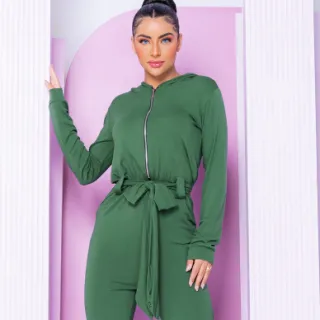 Promoção Macacão Longo com Capuz, Manga Longa e Detalhe em Zíper - Verde Militar