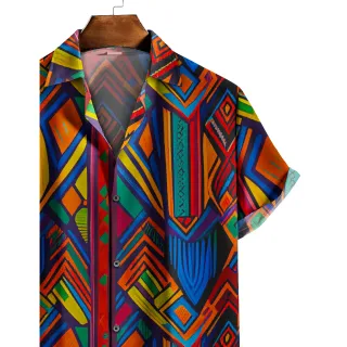 Camisa Manga Curta de Praia Estampa Geométrica Multicolorida - P