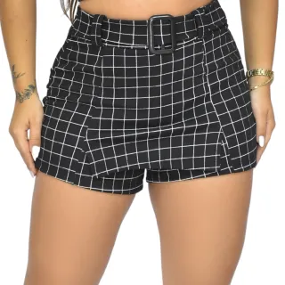 Saia Xadrez Feminino com Fivela e Cinto Fake - Crepe de Malha - S.A PRETO XADREZ