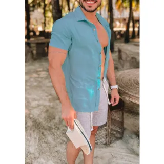 Havaiana Azul Camisa Masculina Manga Curta Lisa - Azul