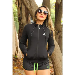 Casaco Feminino Jaquetinha Bomber Suplex Flenelada com Zíper e Capuz Inverno - Preta