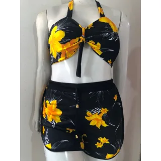 Lançamento: Biquíni Estampado Feminino Hot Pants com Shorts - Kit 3 Peças - Verde orquídea