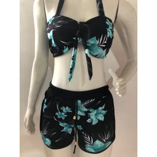 Biquíni estampado orquídea com shorts de cintura alta - Conjunto feminino de três peças - 2 AMARELO