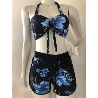 Biquíni estampado orquídea com shorts de cintura alta - Conjunto feminino de três peças - 2 AMARELO