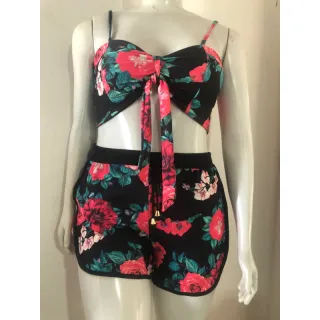 Biquíni estampado orquídea com shorts de cintura alta - Conjunto feminino de três peças - 2 AMARELO