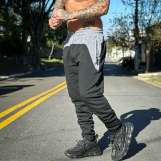 CÇFLAN - Calça moletom forrada com zíper no bolso - PRETO E CINZA