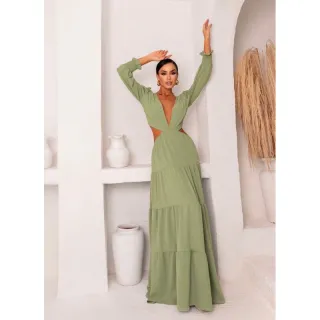 Lançamento Vestido Longo Feminino Manga Longa Decote Profundo Casamento - Roxo