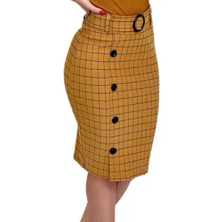 Elegante Saia Evangélica Social com Cinto e Botões - Vinho Xadrez