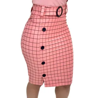 Elegante Saia Evangélica Social com Cinto e Botões - Vinho Xadrez