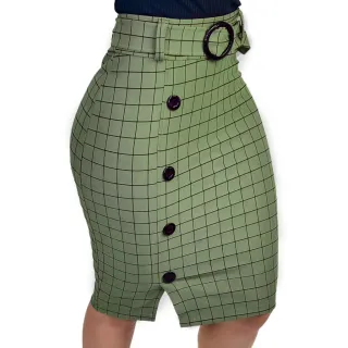 Elegante Saia Evangélica Social com Cinto e Botões - Vinho Xadrez