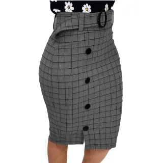 Elegante Saia Evangélica Social com Cinto e Botões - Vinho Xadrez