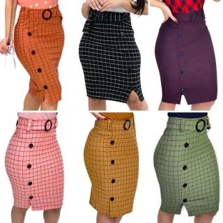 Elegante Saia Evangélica Social com Cinto e Botões - Vinho Xadrez