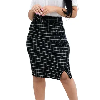 Elegante Saia Evangélica Social com Cinto e Botões - Vinho Xadrez