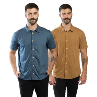 Camisas Slim Masculinas: Kit Verão com 2 Unidades em Malha de Garrafa Pet - MARROM + VERDE