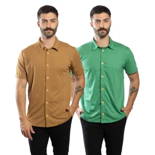 Camisas Slim Masculinas: Kit Verão com 2 Unidades em Malha de Garrafa Pet - MARROM + VERDE