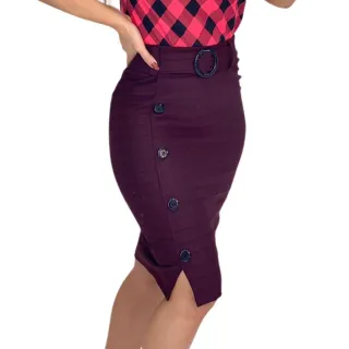 Elegante Saia Evangélica Social com Cinto e Botões - Vinho Xadrez