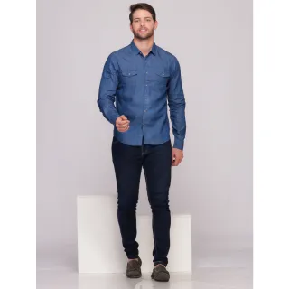 Manga Longa Masculina Camisa Jeans - Lavagem escura