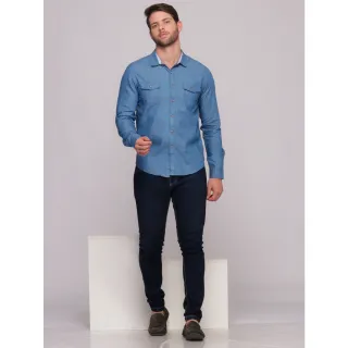 Manga Longa Masculina Camisa Jeans - Lavagem escura