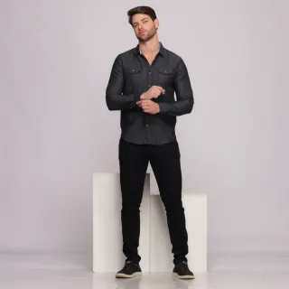 Manga Longa Masculina Camisa Jeans - Lavagem escura
